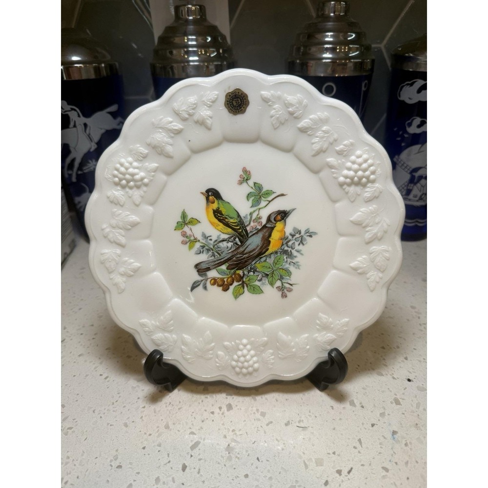 Westmoreland Paneled Grape Bird Plate Mid Century Milk Glass